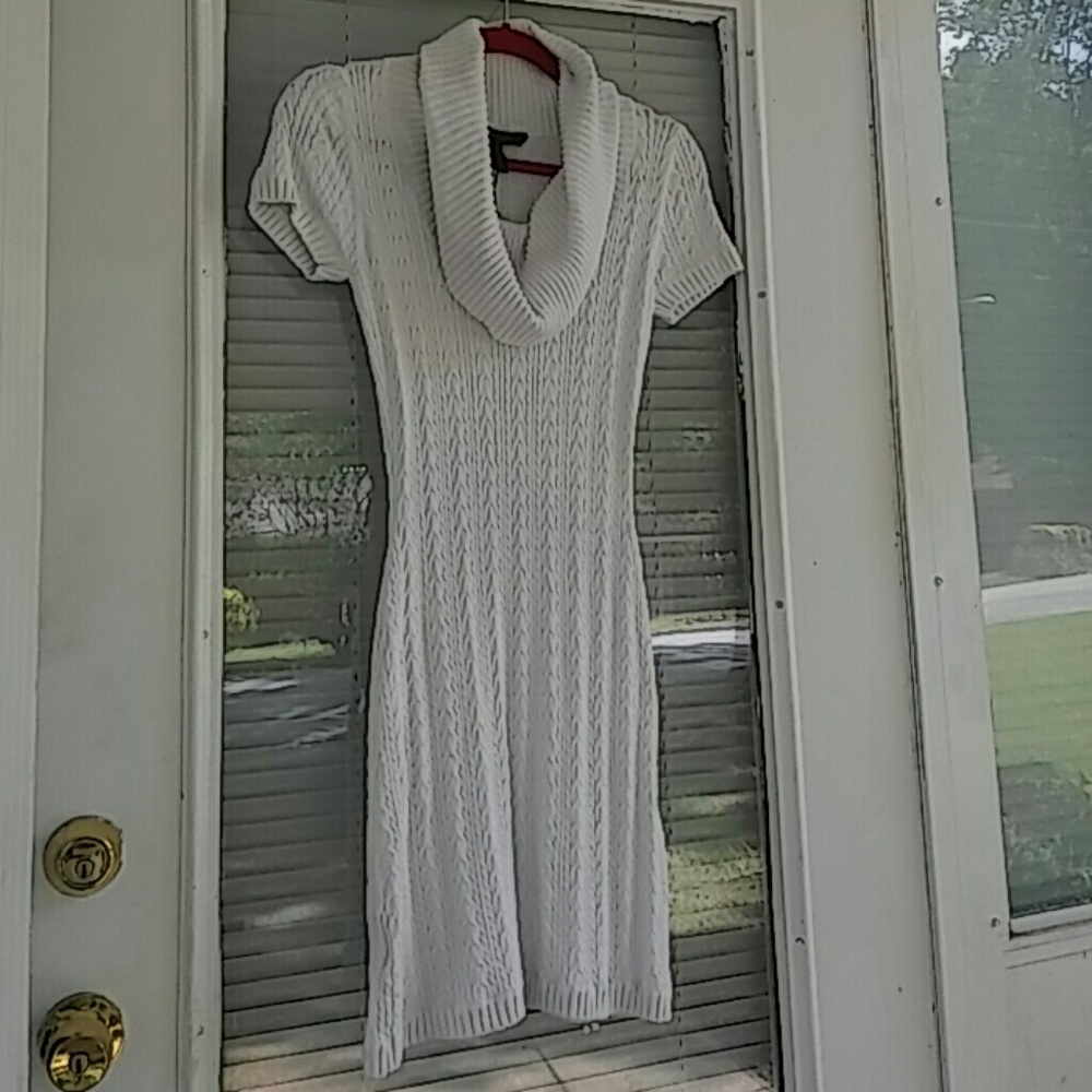 Cable knit short sleeve cowl neck dress